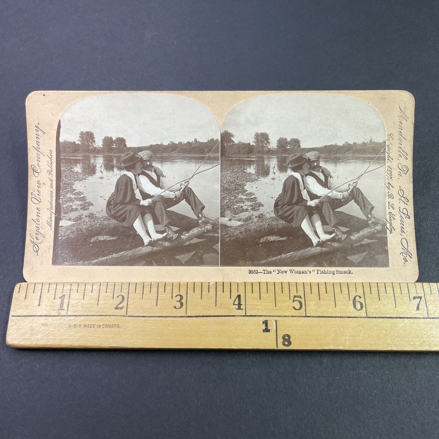 Antique 1897 Man Woman Fishing With Sticks Branches Stereoview Photo Card P3335