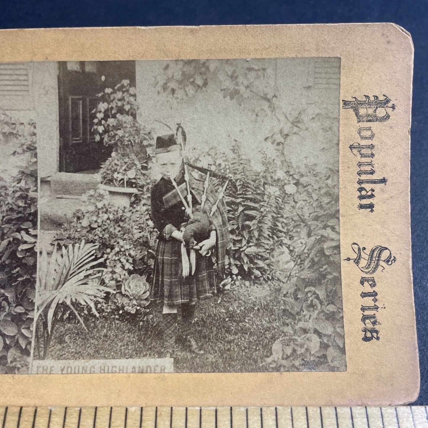 Antique 1870s Little Scottish Boy Plays Bagpipes Stereoview Photo Card P4819