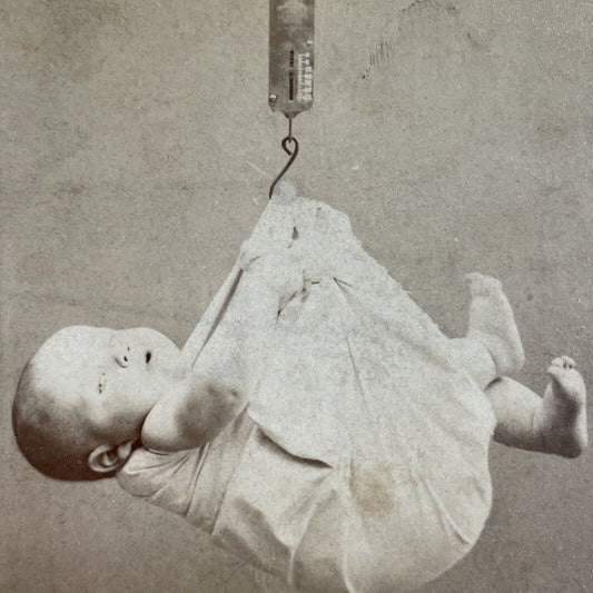 Antique 1890s Newborn Being Weighed On Fish Scale Stereoview Photo Card P4087