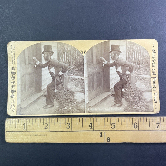 Drunk Man Can't Figure Out How To Open Door Stereoview Antique c1870s Y1345