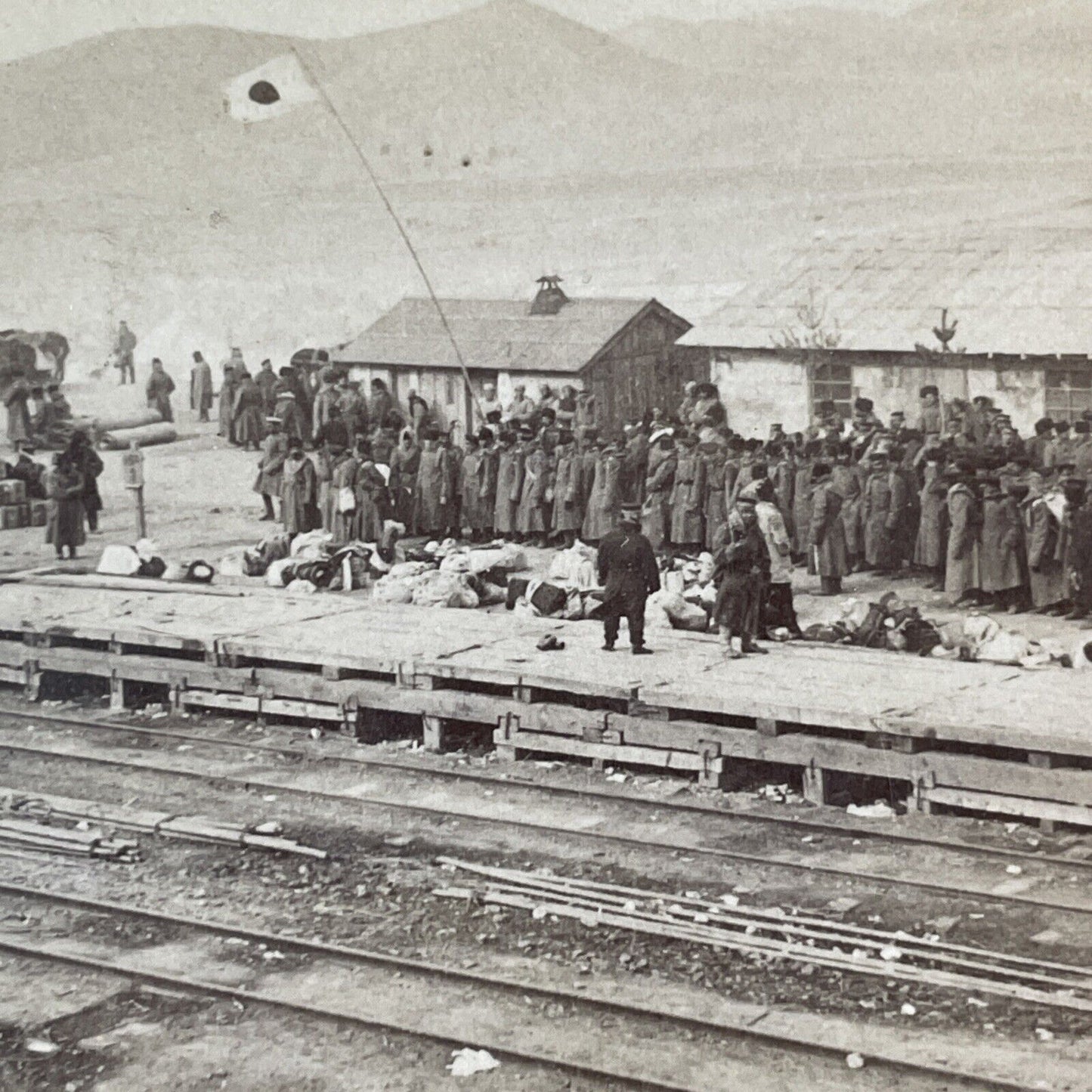 Russian Prisoners Await Transport Stereoview Russo-Sino War Antique c1905 X3886