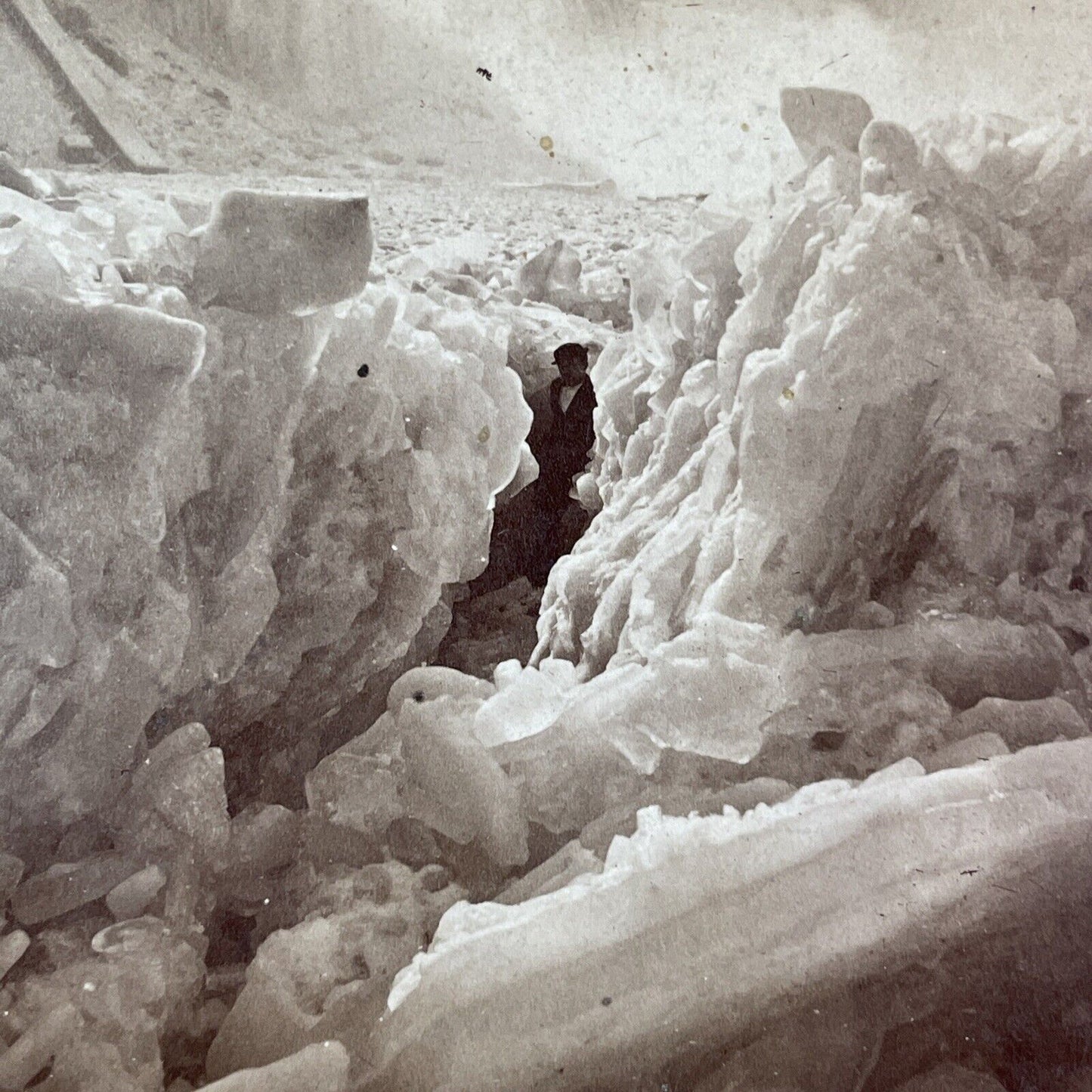 Man Inside Frozen Ice River Crevasse Stereoview Charles Bierstadt c1870s Y2241
