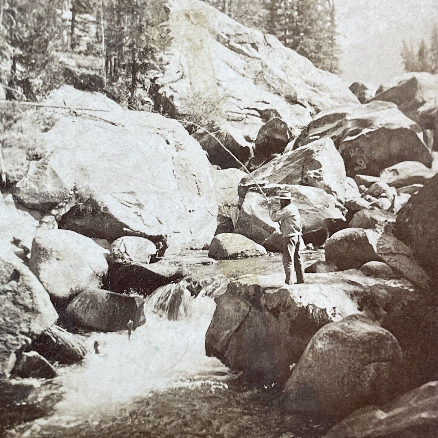 Fishing in Slough Creek Wyoming Stereoview T.W. Ingersoll Antique c1888 Y1328