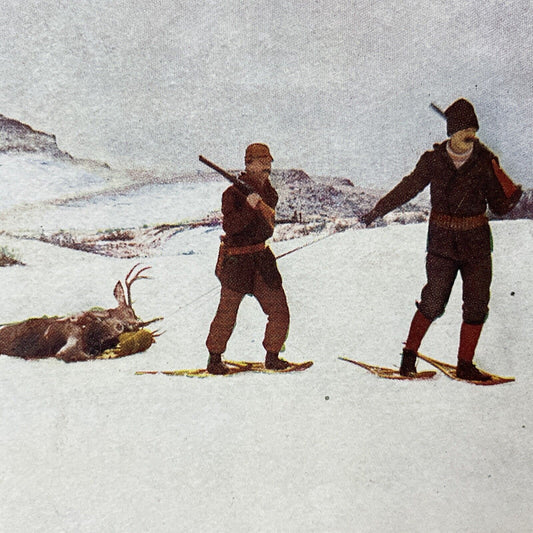 Antique 1910s Snowshoe Hunters Drag Elk Stereoview Photo Card V3337