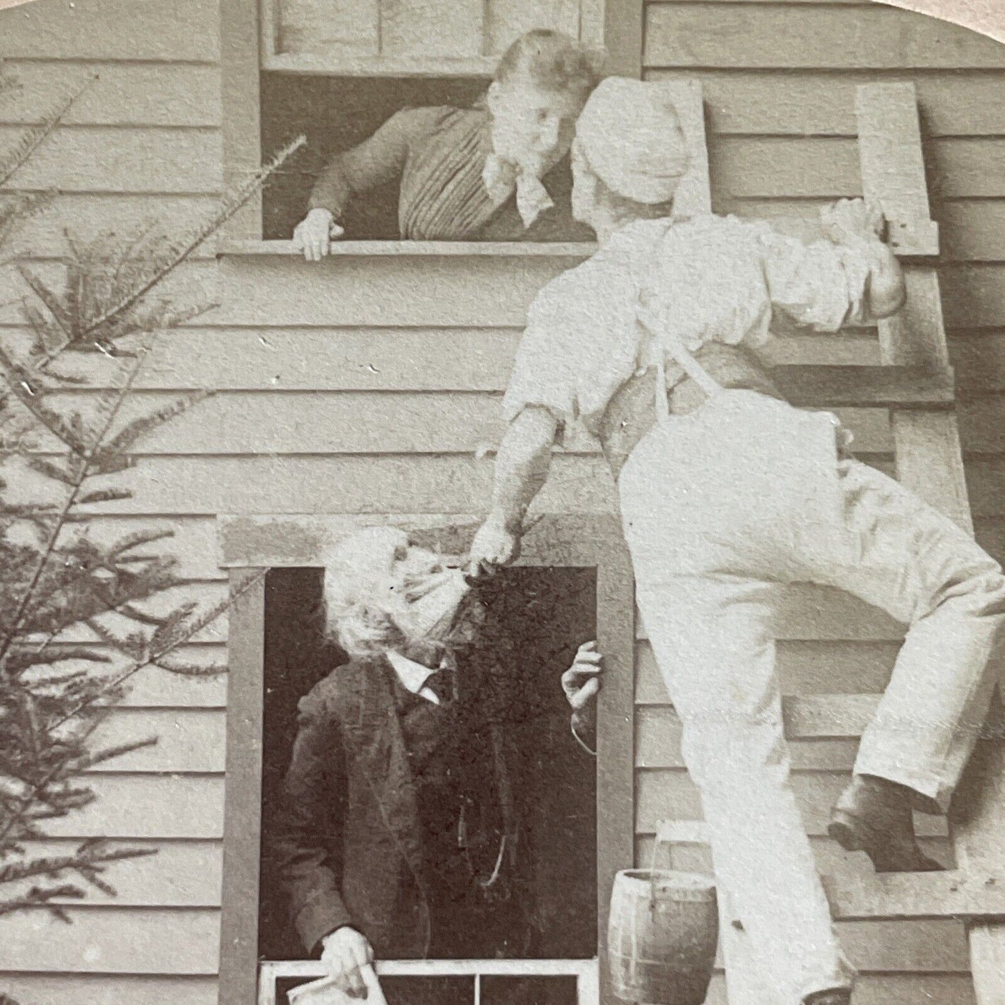Antique 1870s Painter Paints Old Mans Face On Ladder Stereoview Photo Card P4060