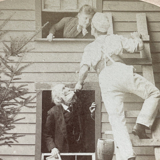 Antique 1870s Painter Paints Old Mans Face On Ladder Stereoview Photo Card P4060