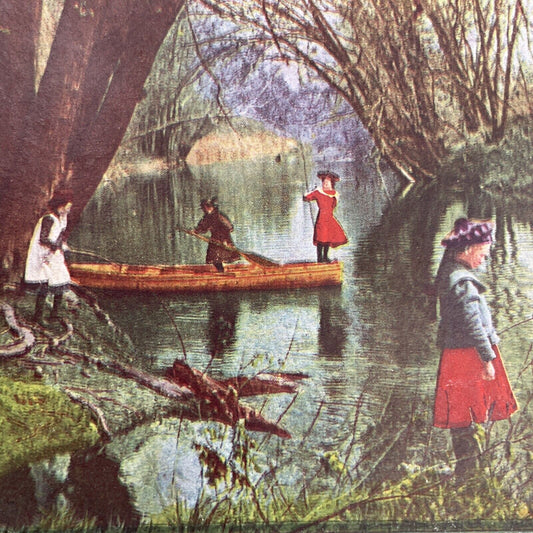 Antique 1898 Children Bass Fishing On A River Stereoview Photo Card P580-051