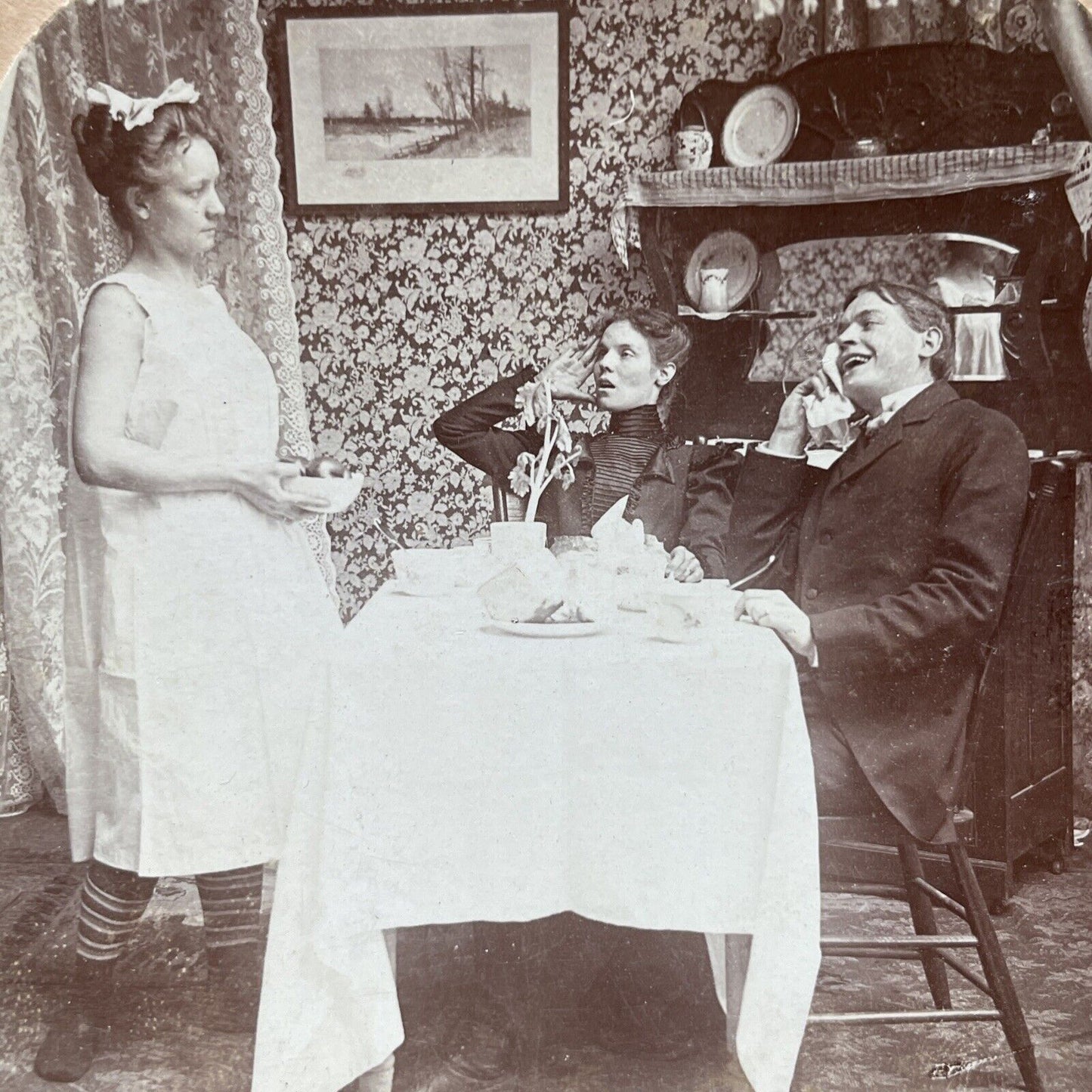 Antique 1899 Maid Serves Dinner In Her Underwear Stereoview Photo Card P2601