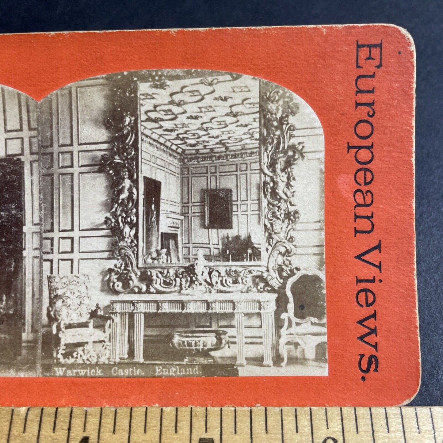 Antique 1870s Warwick Castle Receiving Room UK Stereoview Photo Card P4385