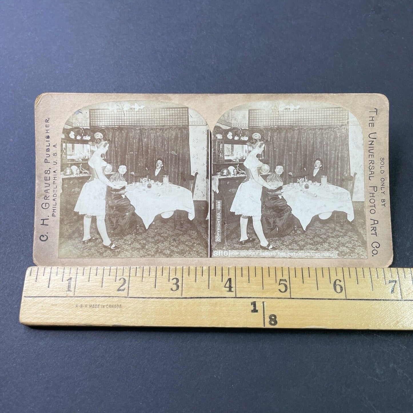 Antique 1894 Maid Servant Serves Dinner Undressed Stereoview Photo Card P2984