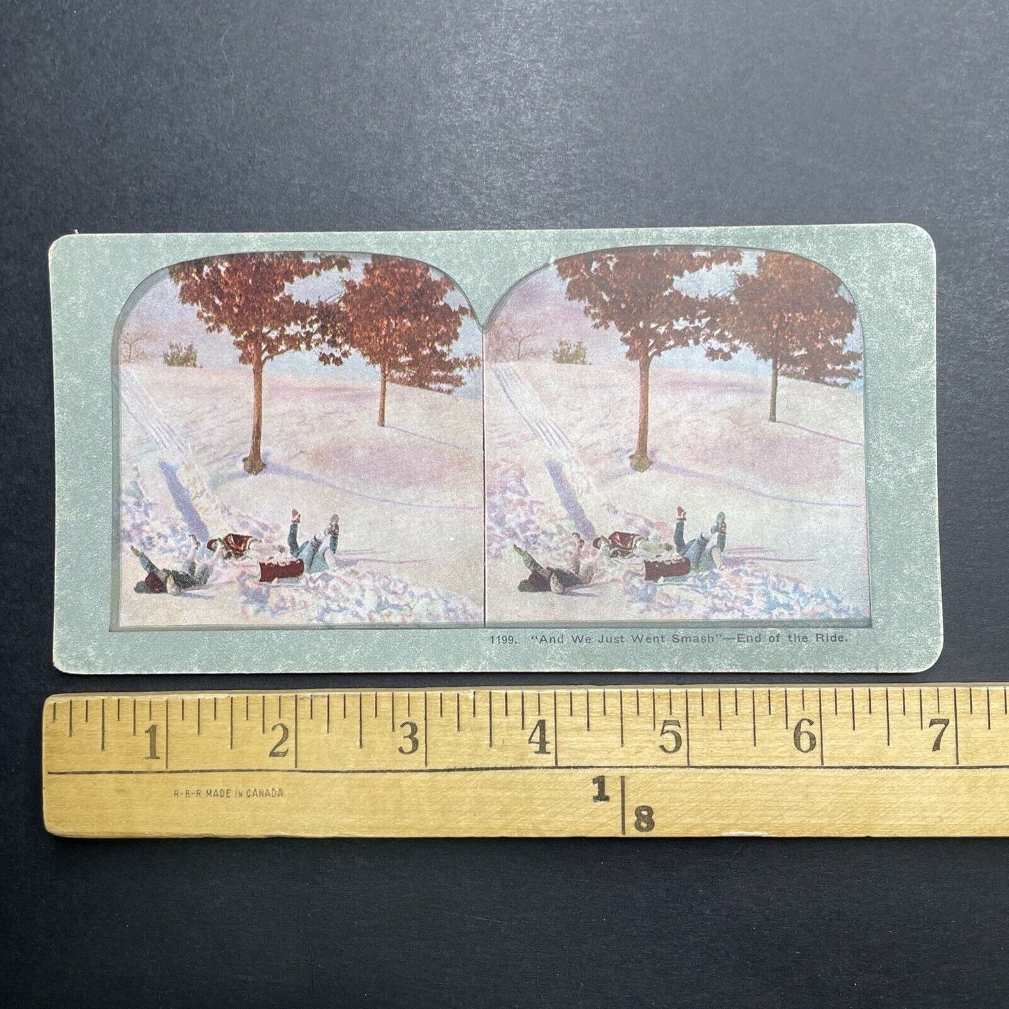 Antique 1892 Children Crash Sledding Tobogganing Stereoview Photo Card P1226