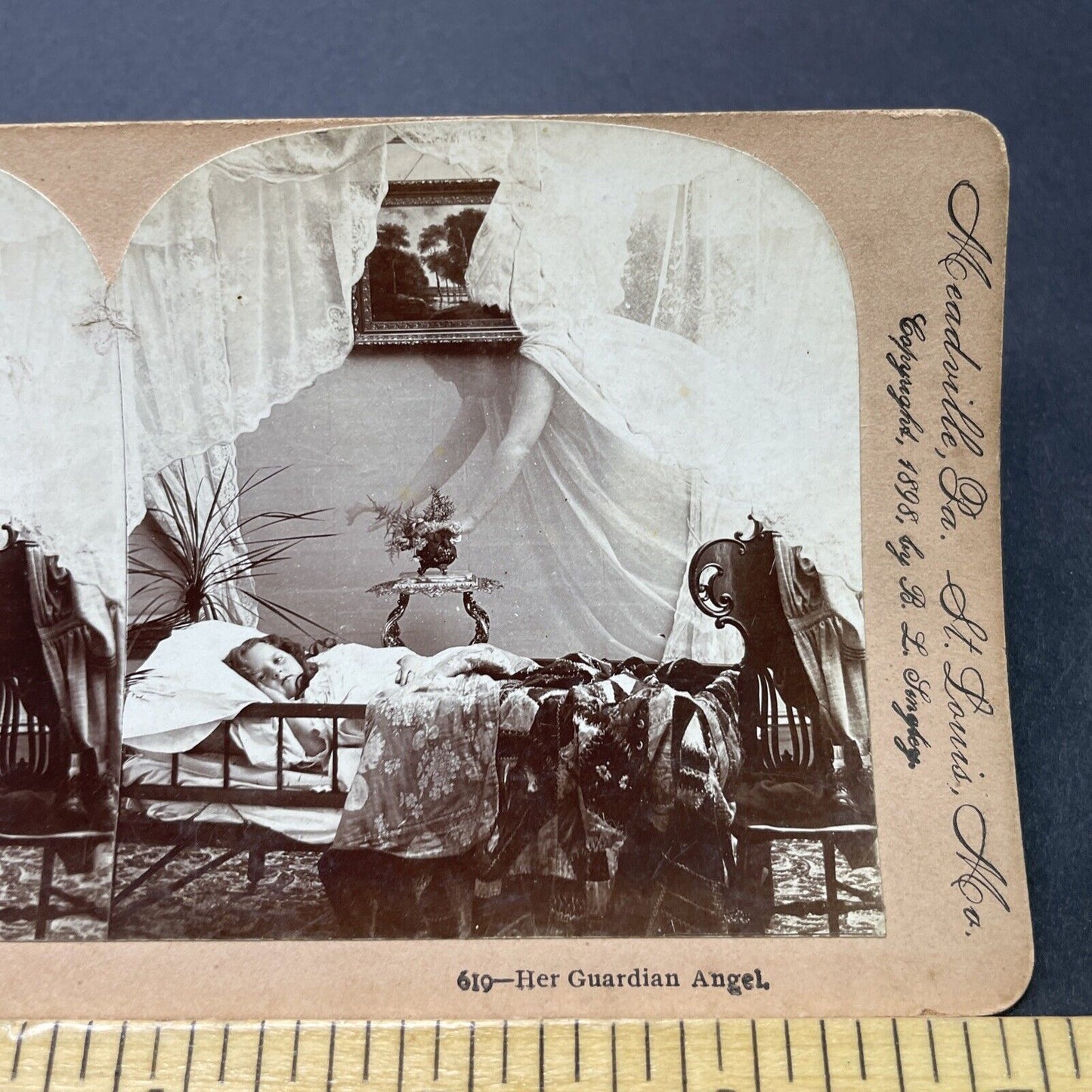 Antique 1898 Angel Watches Over Sick Child Stereoview Photo Card P2813