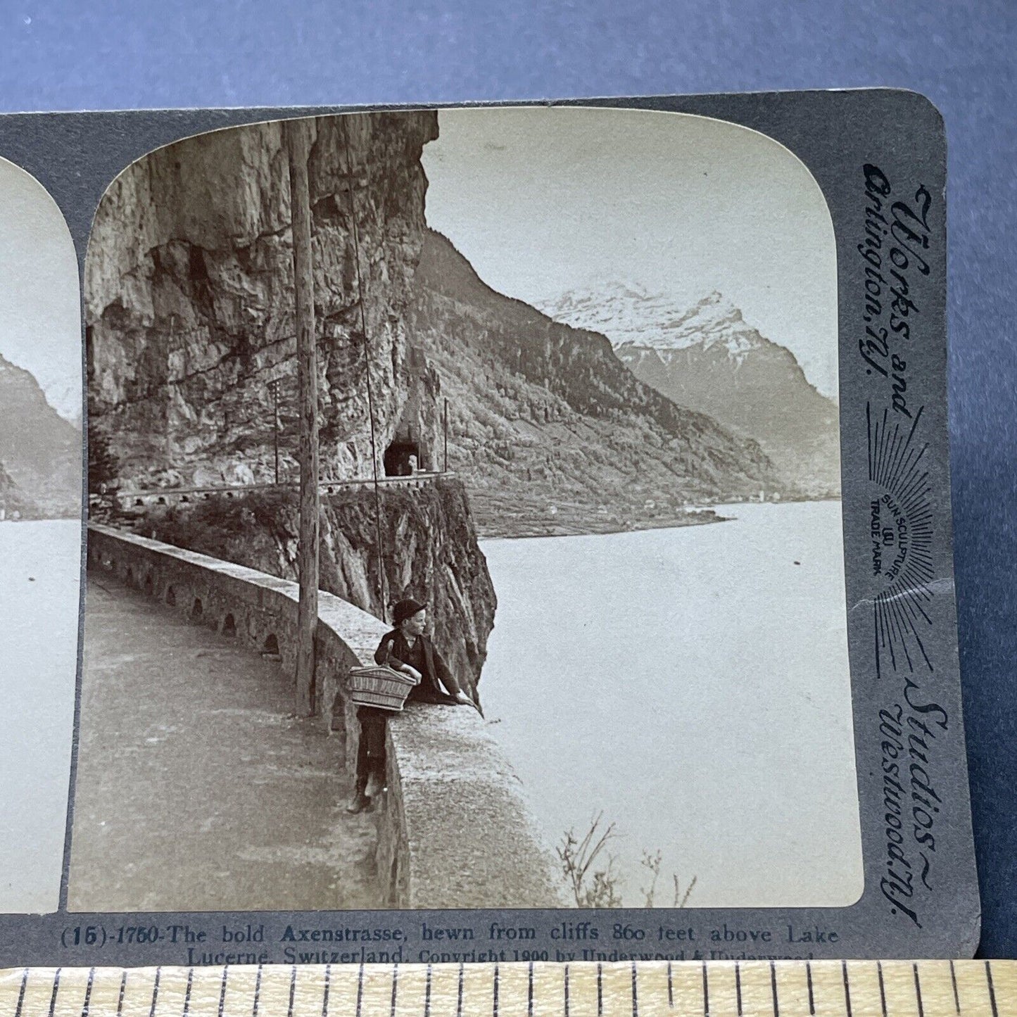 Antique 1900 Axenstrasse Child Brunnen Switzerland Stereoview Photo Card P2377