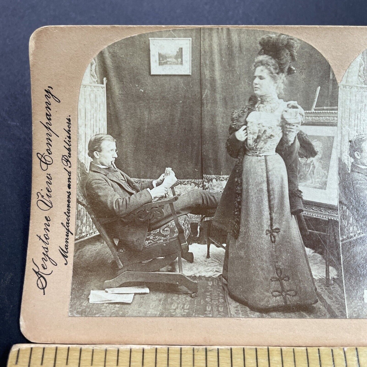 Antique 1899 Rude Man Does Not Remove Womans Coat Stereoview Photo Card P3508