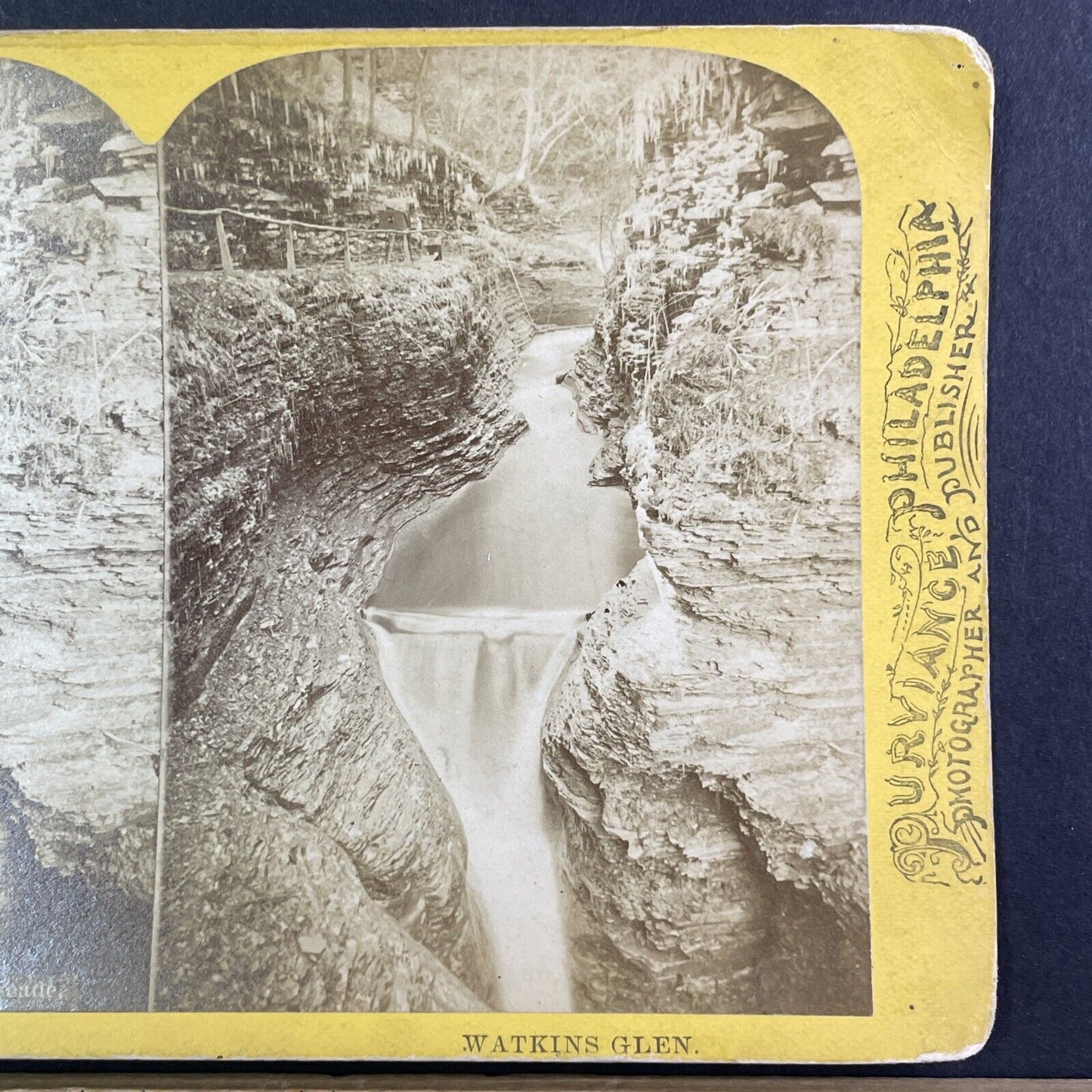 Watkins Glen Entrance Waterfall Stereoview W.T. Purviance Antique c1870s Y1737