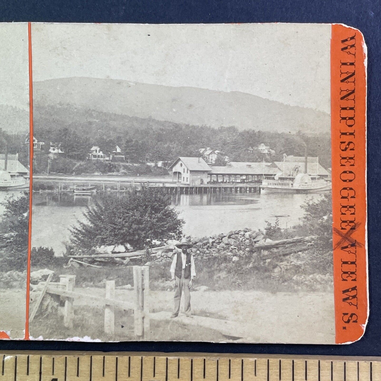 Side-Wheel Steamboat Stereoview Alton Bay New Hampshire Antique c1875 Y914