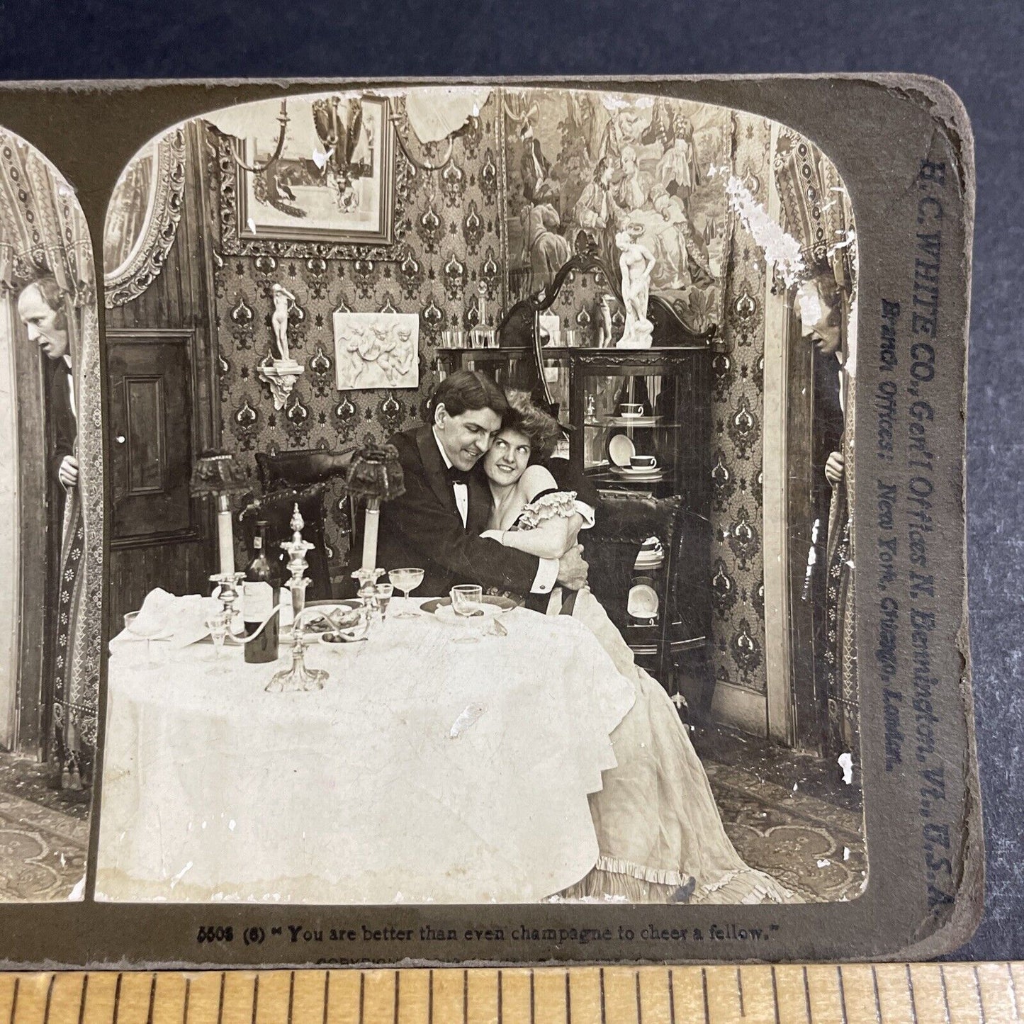 Antique 1903 Busty Woman Hugs A Man At Dinner Stereoview Photo Card P4745