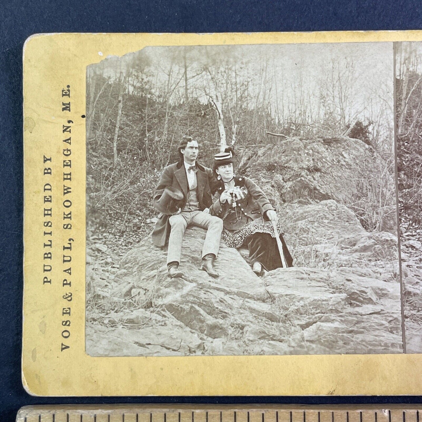 Sitting on Beach in Maine Stereoview Vose & Paul Skowhegan Antique c1870s Y2263