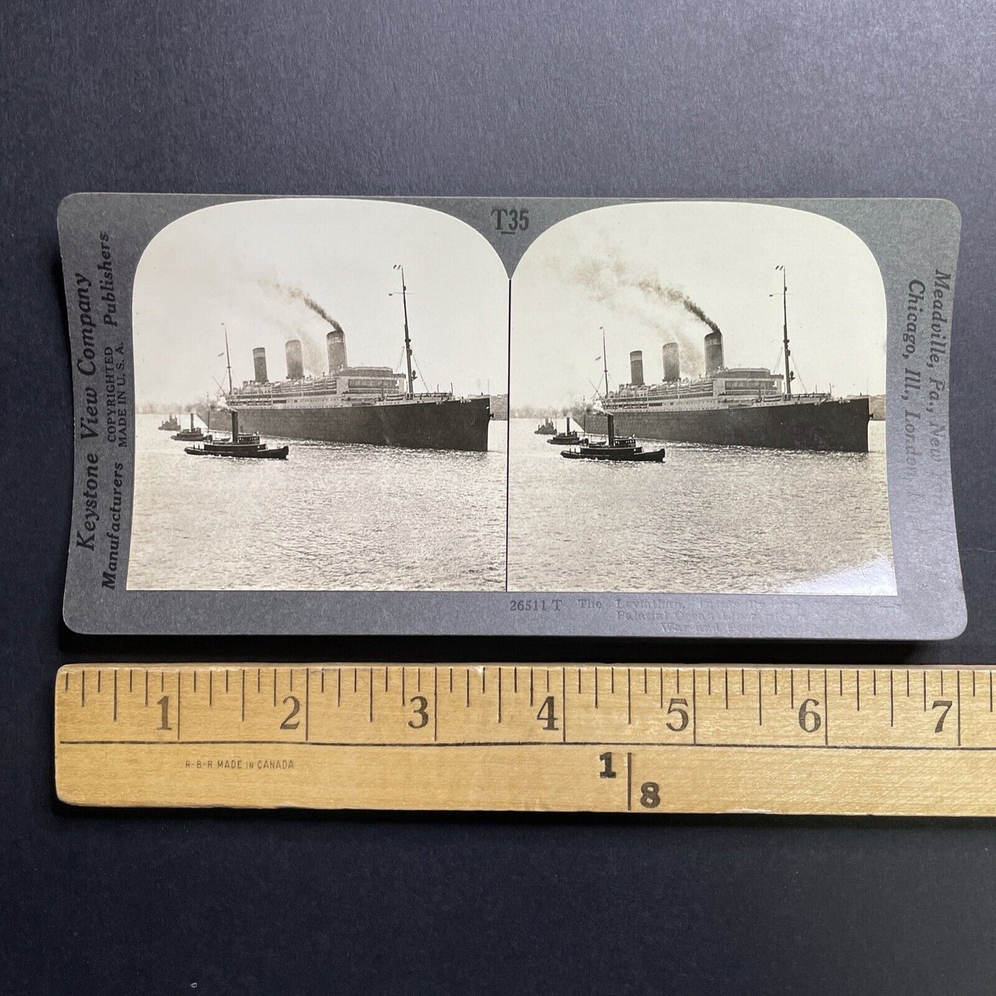 Antique 1921 USS Leviathan Ship & Tugboats Stereoview Photo Card P1663