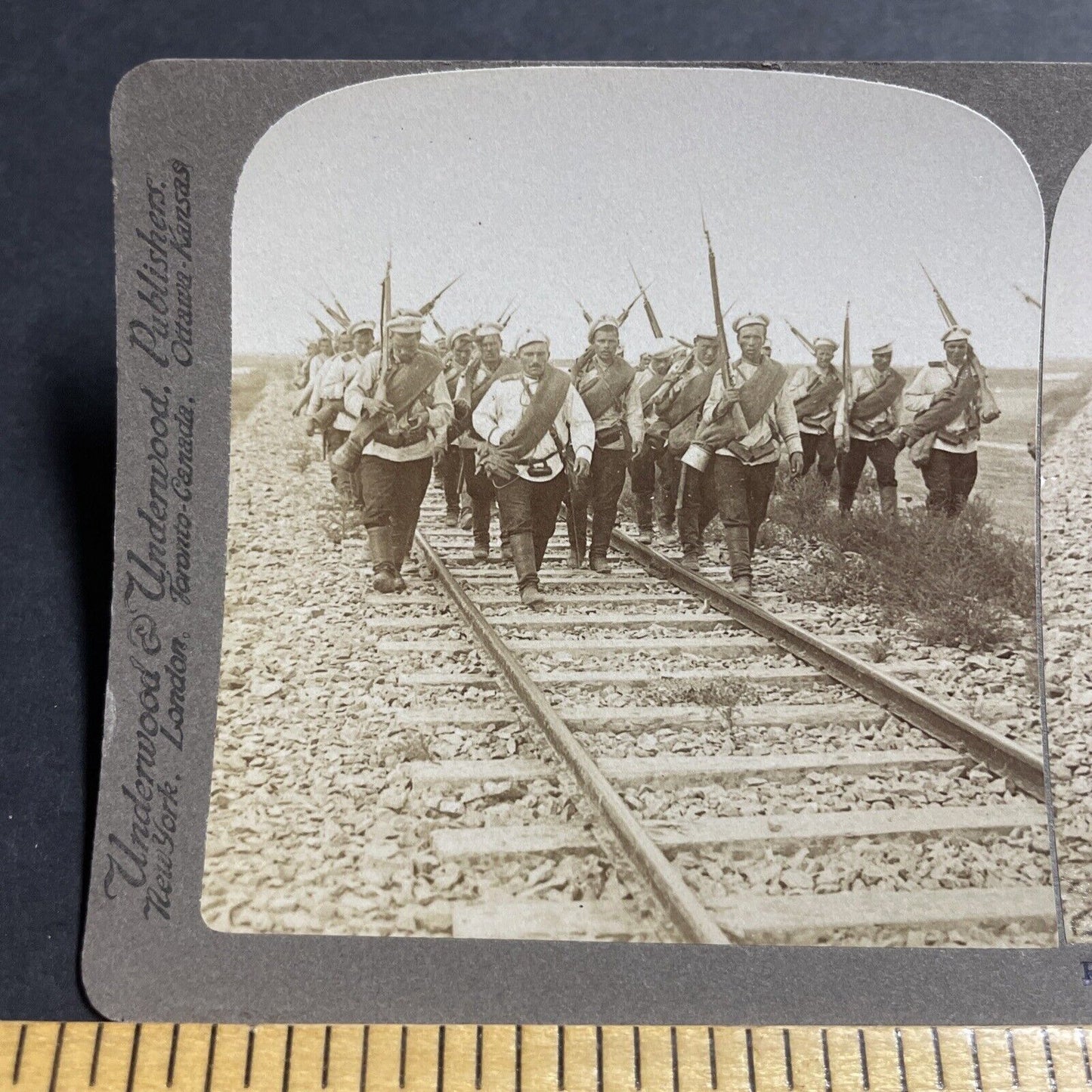 Antique 1904 Russia Soldiers Invade China Railroad Stereoview Photo Card P5624