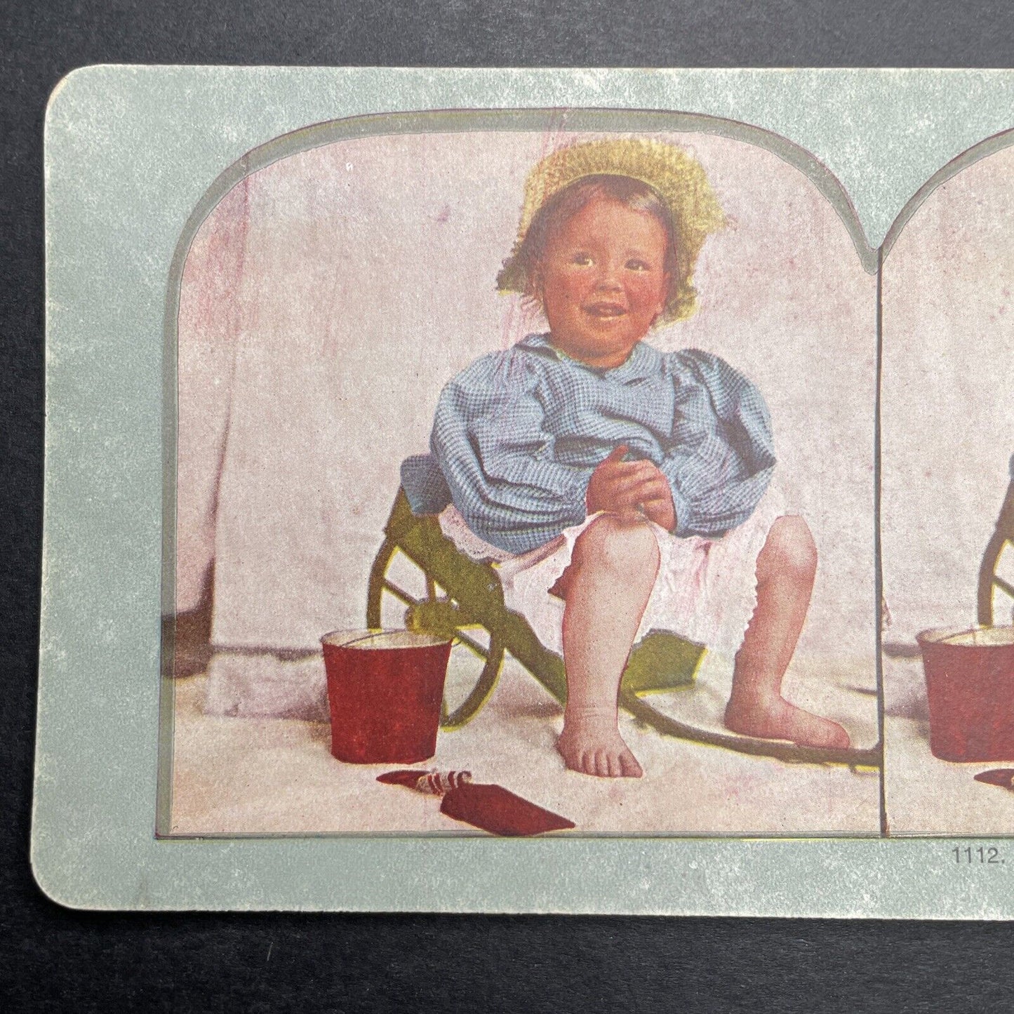 Antique 1898 Child Sitting In A Small Wagon Stereoview Photo Card P1238