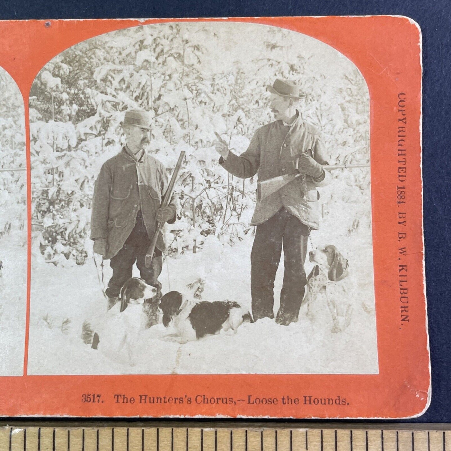 Hunters With Beagle Dogs in the Snow Stereoview Kilburn Antique c1884 X4116