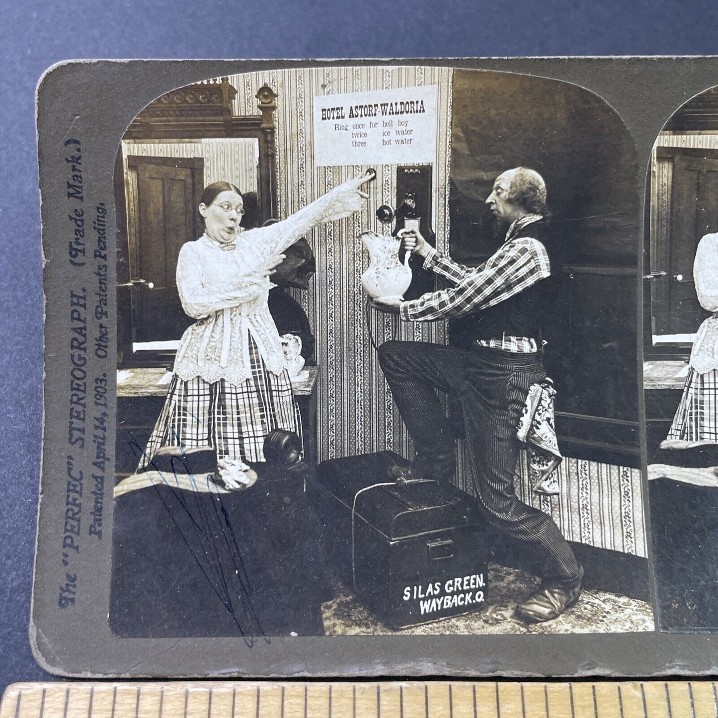 Antique 1903 Man Thinks Telephone Is A Water Tap Stereoview Photo Card P2842