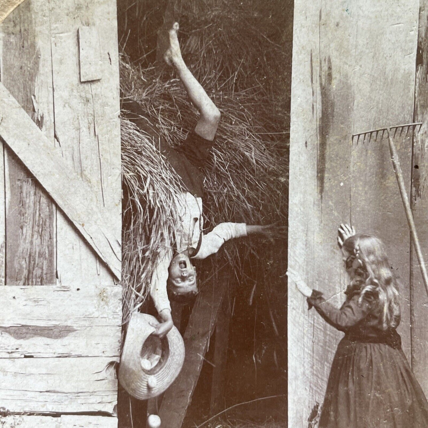 Antique 1900 Boy Falls From Hay Loft In Barn Stereoview Photo Card P2717