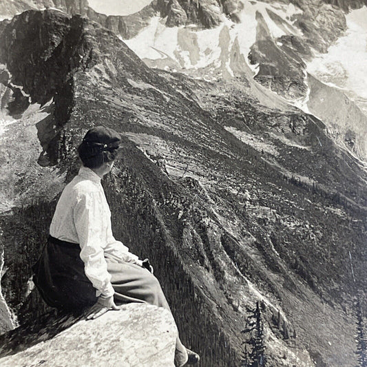 Antique 1903 Woman Sits On Cliff Edge BC Canada Stereoview Photo Card P4822