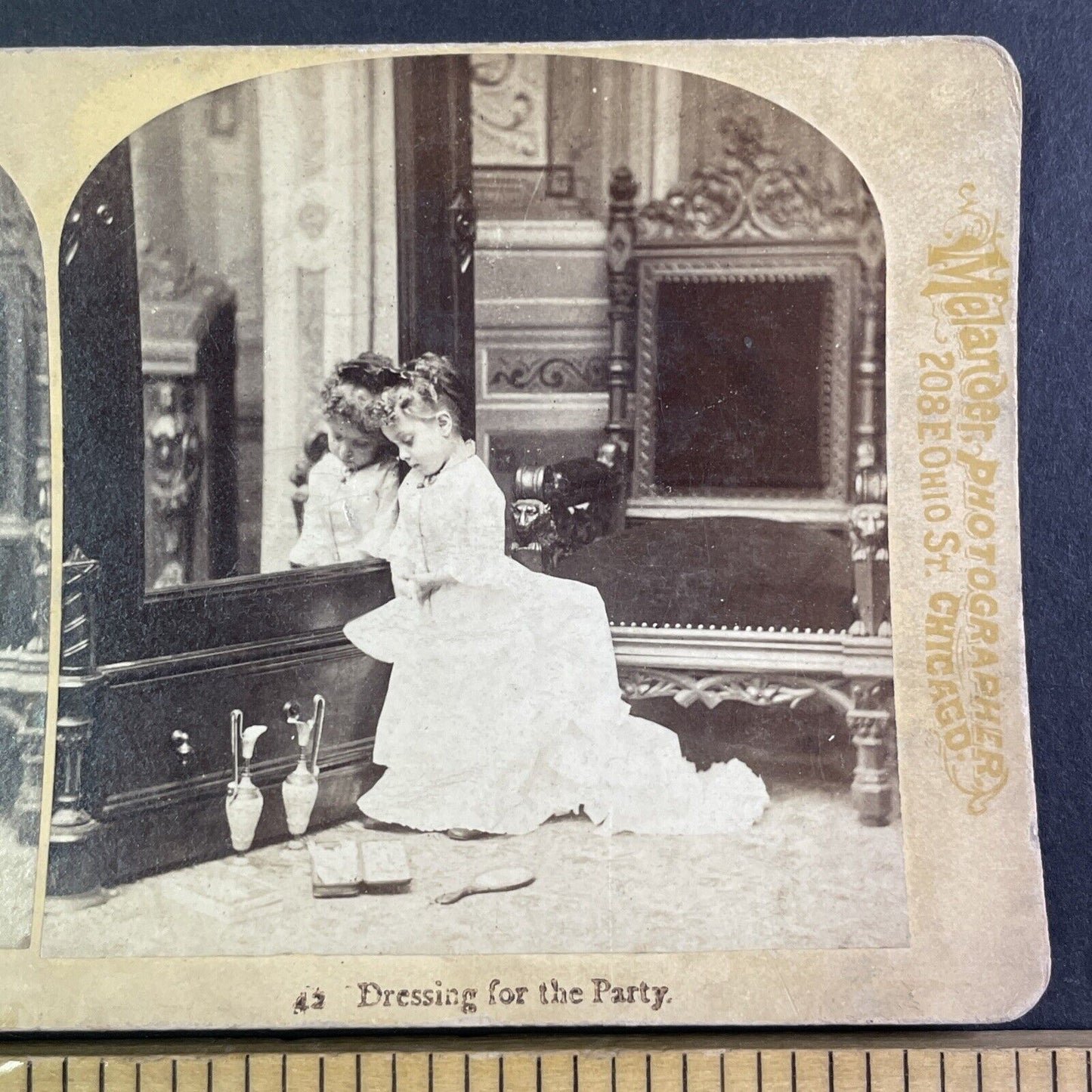 Little Girl Gets Dressed for a Party Stereoview Melander Antique c1876 Y1344