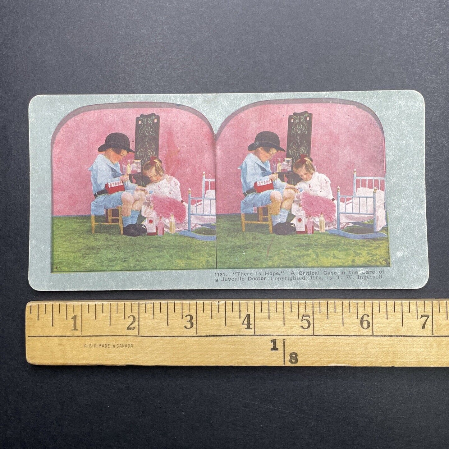 Antique 1905 Children Play Doctor & Nurse On Doll Stereoview Photo Card P1251