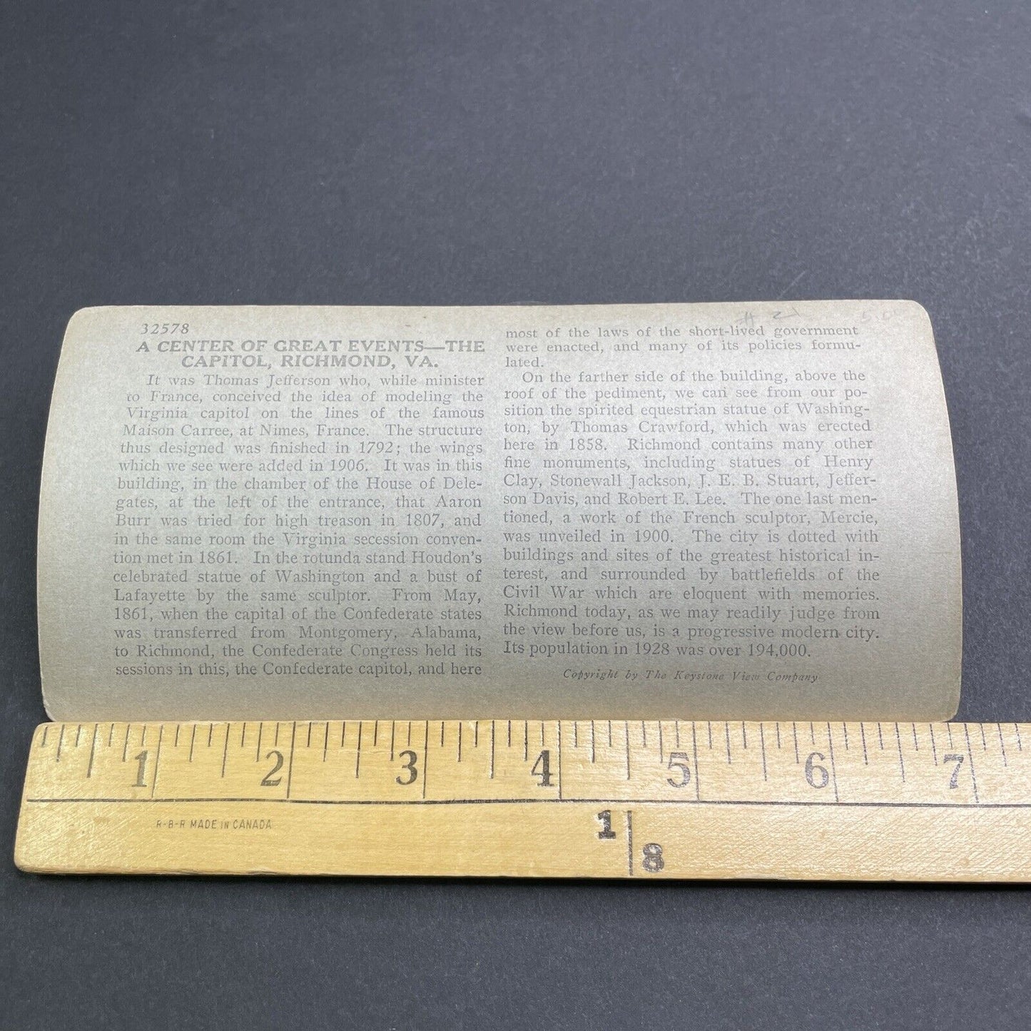 Antique 1929 Capitol Confederate States Richmond VA Stereoview Photo Card P1935