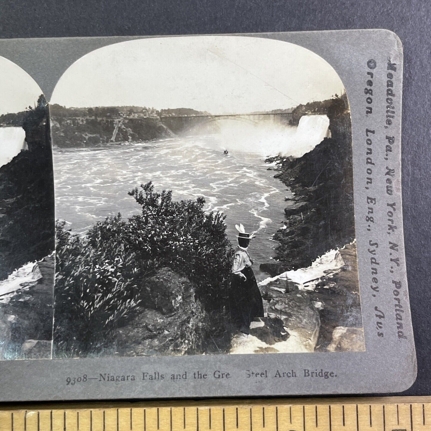 Woman Standing at Edge of Niagara Falls Stereoview Antique c1898 Y1451