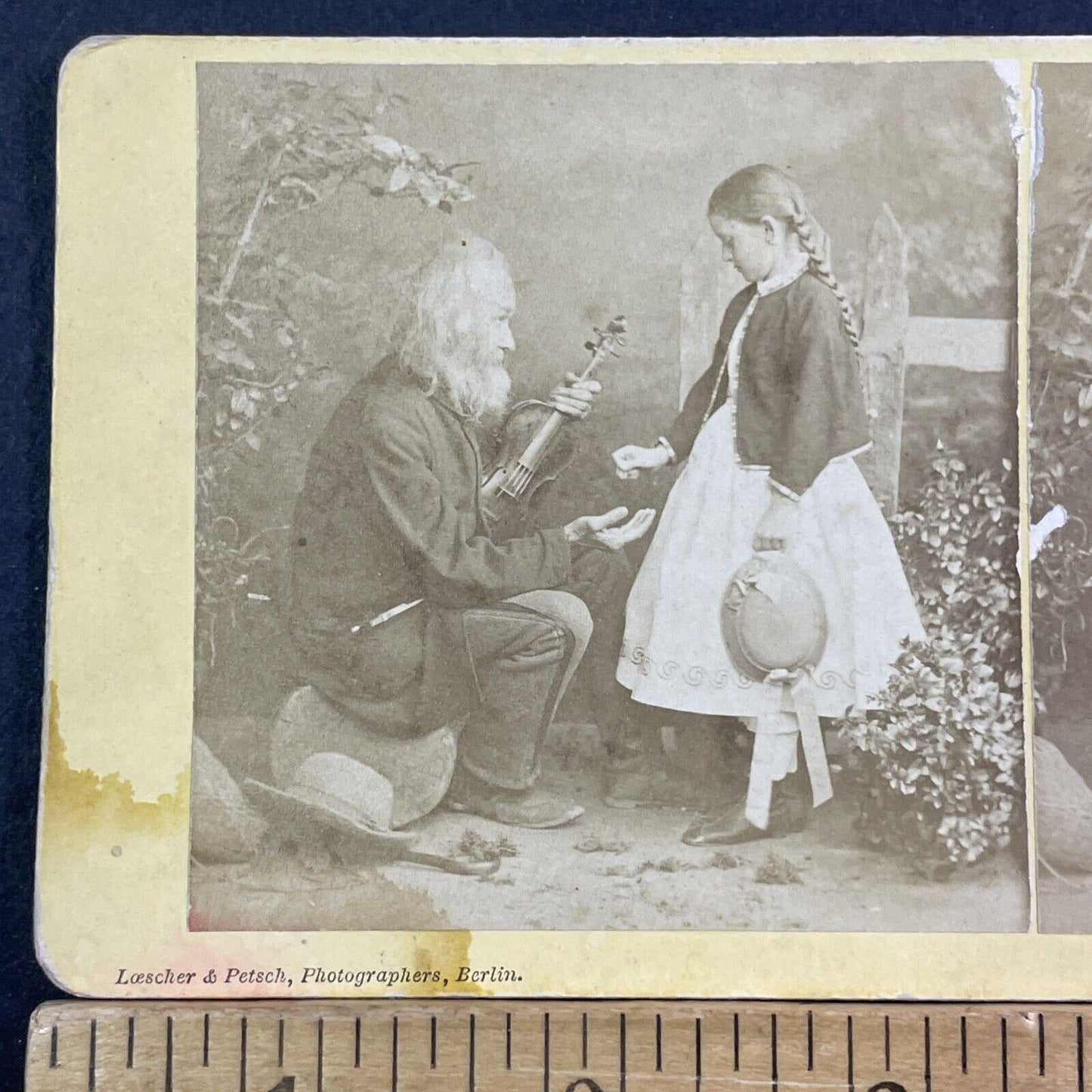 Fiddler Violinist Paid By Young Girl Stereoview Loescher Antique c18zz X1906