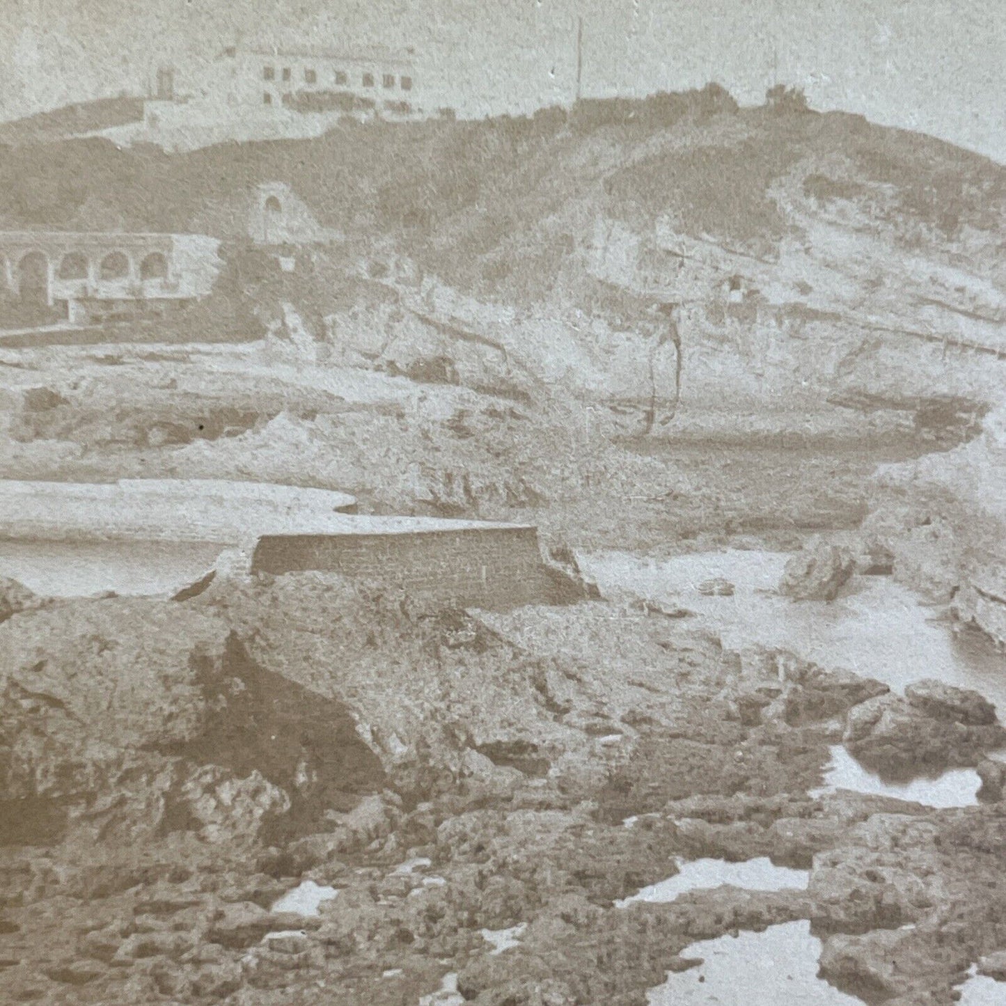 Rocky Shore Biarritz France Stereoview Jean Andrieu Antique c1870s X3774