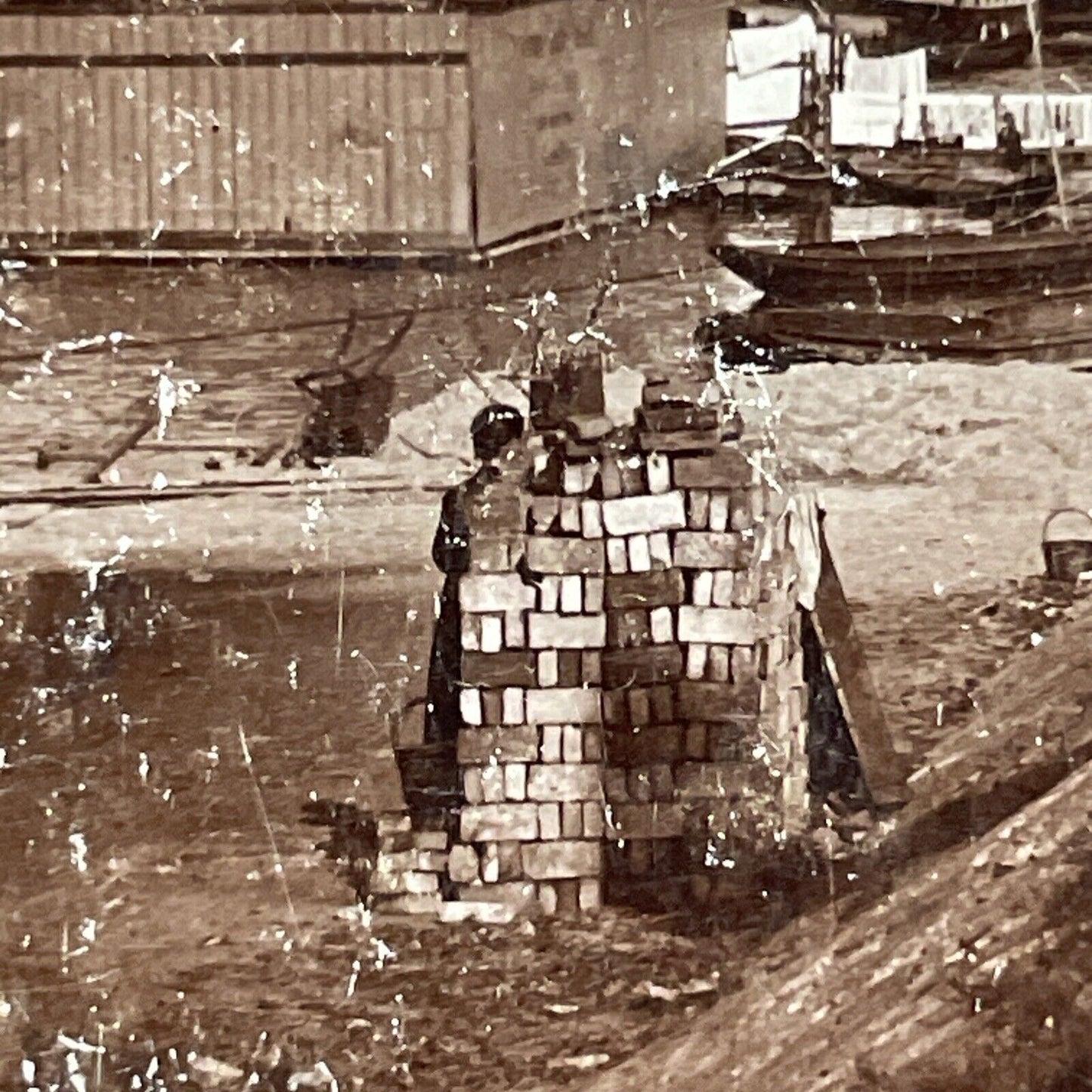 Antique 1896 Children Load Bricks On Ships Bingen Stereoview Photo Card P1980-17