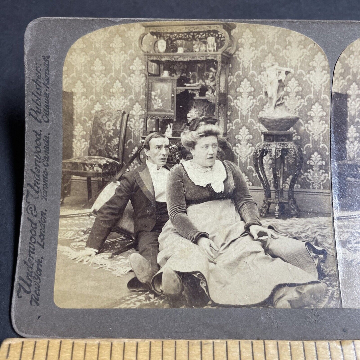 Antique 1901 Tall Strong Woman Breaks Chair Sitting Stereoview Photo Card P4925