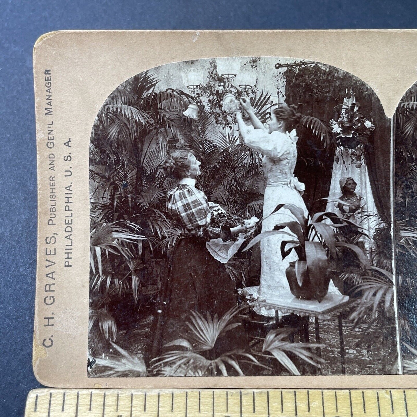 Antique 1897 Victorian Women Decorate For Wedding Stereoview Photo Card P2982
