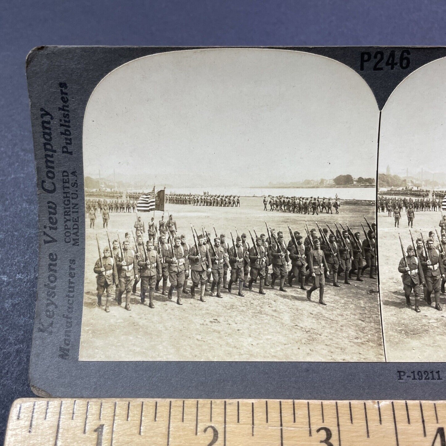 Antique 1918 US 23rd Infantry Troops Marching Stereoview Photo Card V3320