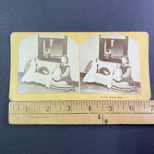 Child With Her Doll & Large Cat Stereoview Near Dumbwaiter Antique c1872 X1896