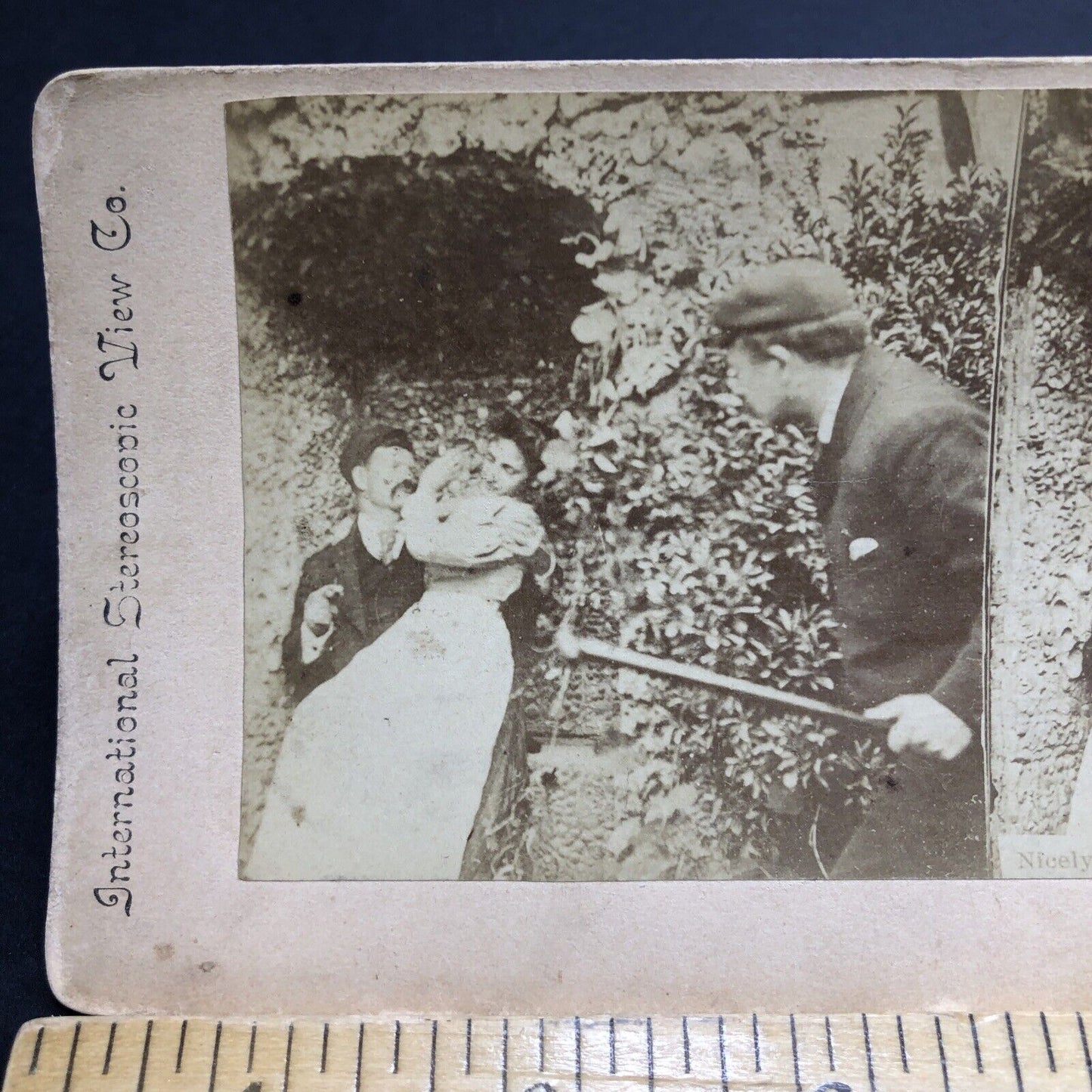 Antique 1894 NY Man To Be Beaten For Kissing Girl Stereoview Photo Card P1965