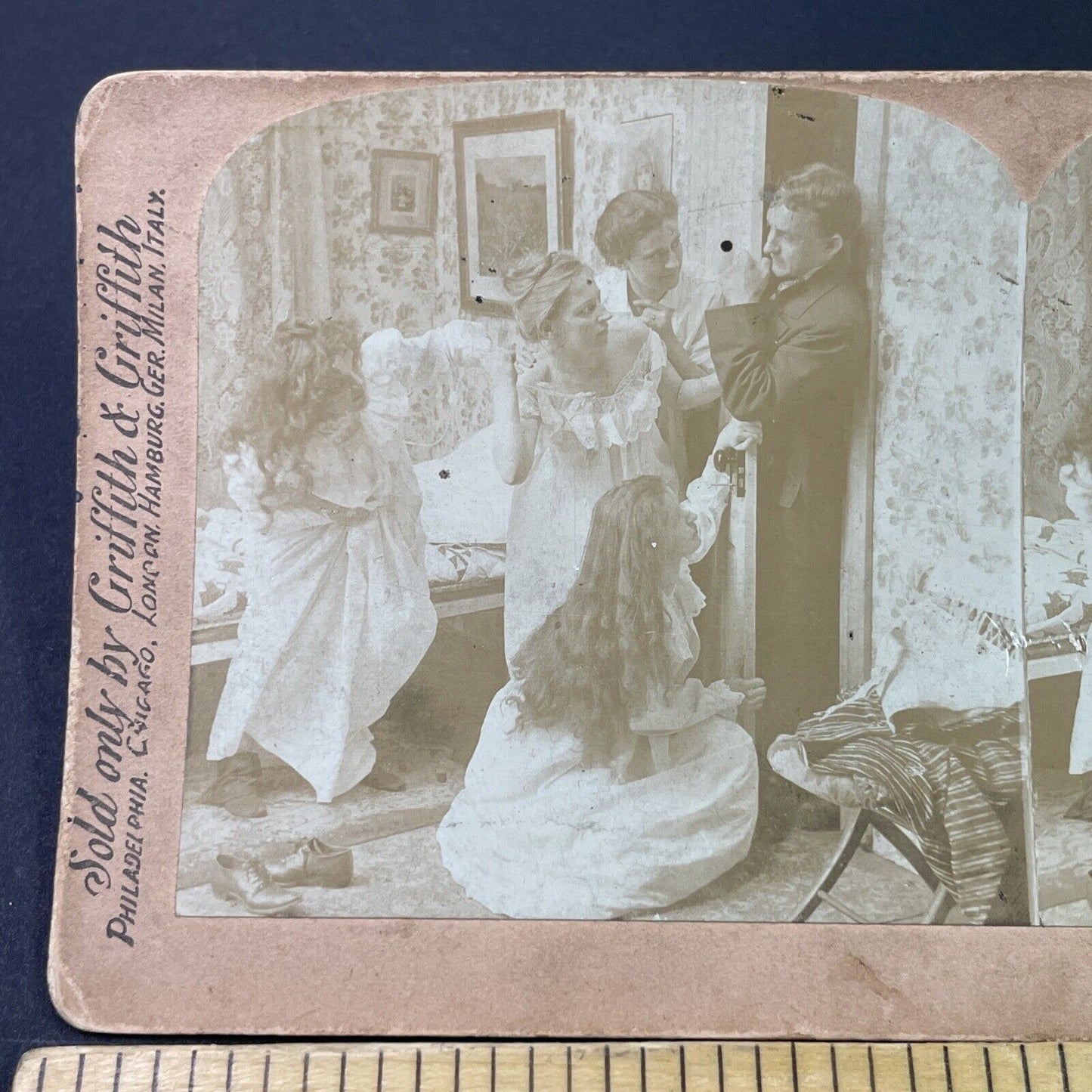 Antique 1903 Man Spies On Women Getting Dressed Stereoview Photo Card P3352