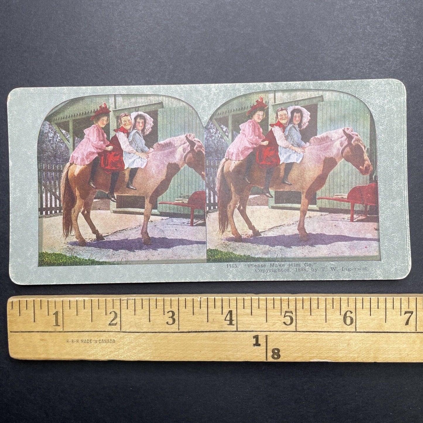 Antique 1898 Three Young Girls Ride A Horse Stereoview Photo Card P580-019