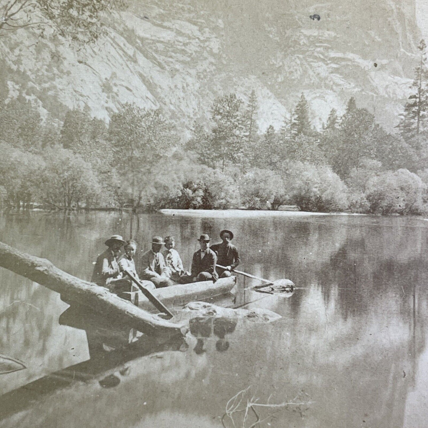 John P. Soule (Center) On Mirror Lake Yosemite Stereoview Antique c1870 X3875