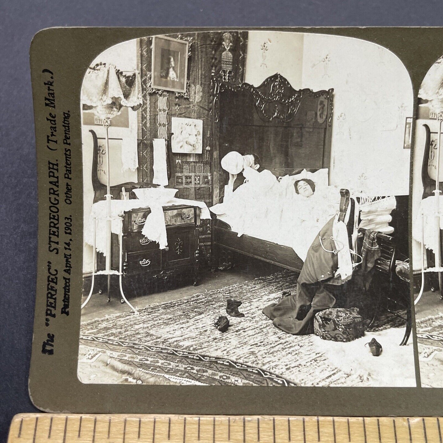 Antique 1904 Drunk Man Drinks From Spittoon Stereoview Photo Card P2663