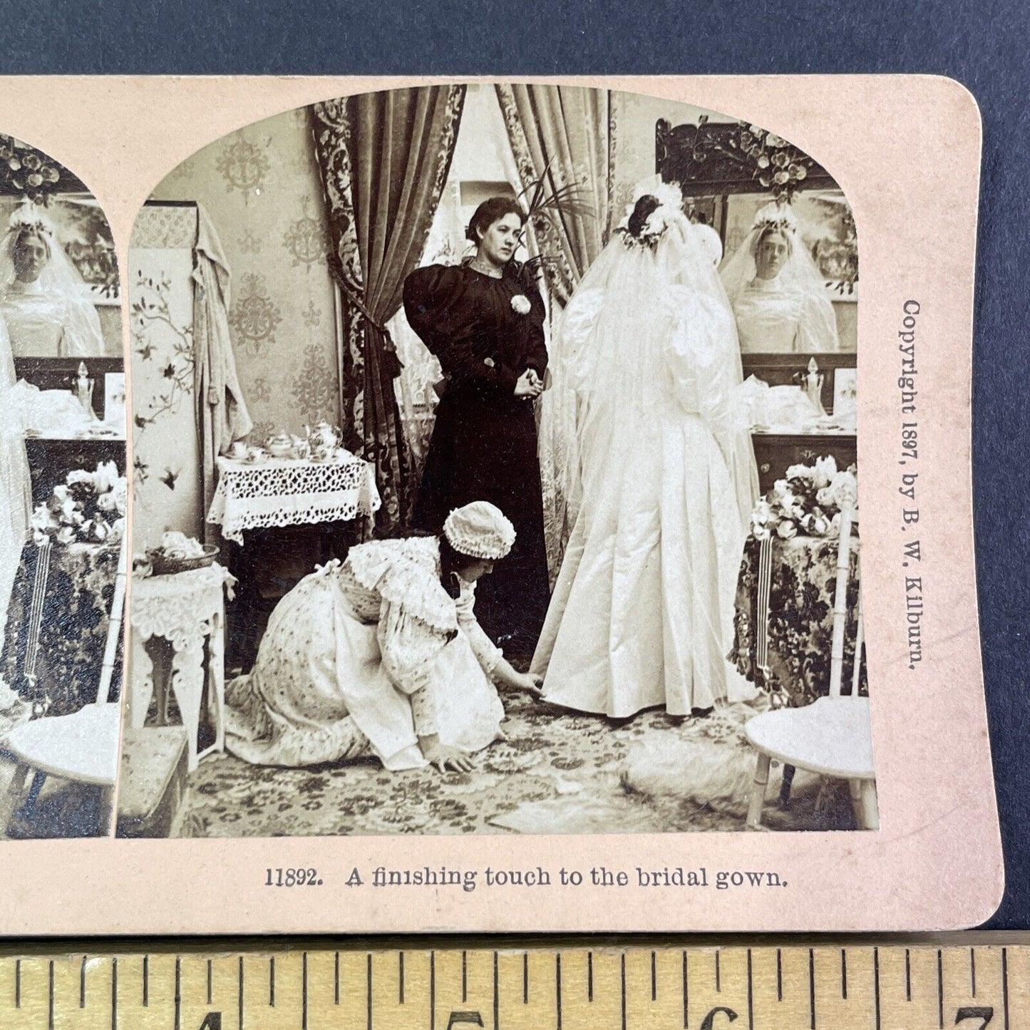 Victorian Bride Before Her Wedding in Gown Stereoview Antique c1897 Y2250