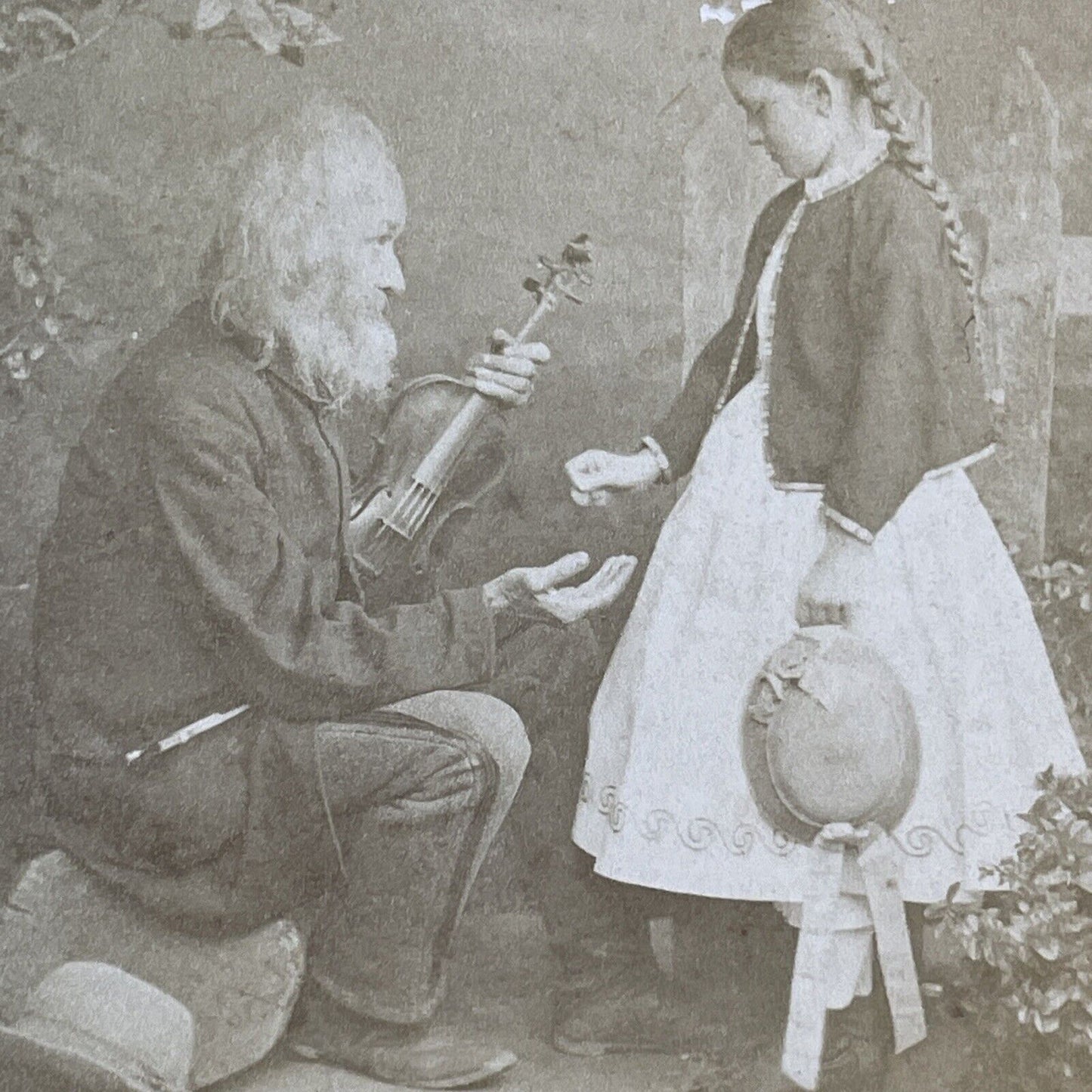 Fiddler Violinist Paid By Young Girl Stereoview Loescher Antique c18zz X1906