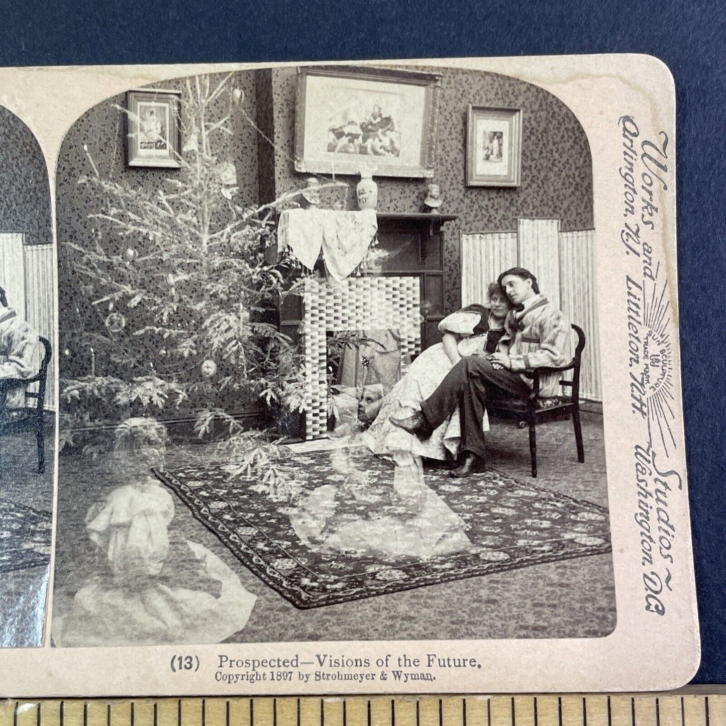 Ghost Children in Front of Ghost Christmas Tree Stereoview Antique c1897 X4128