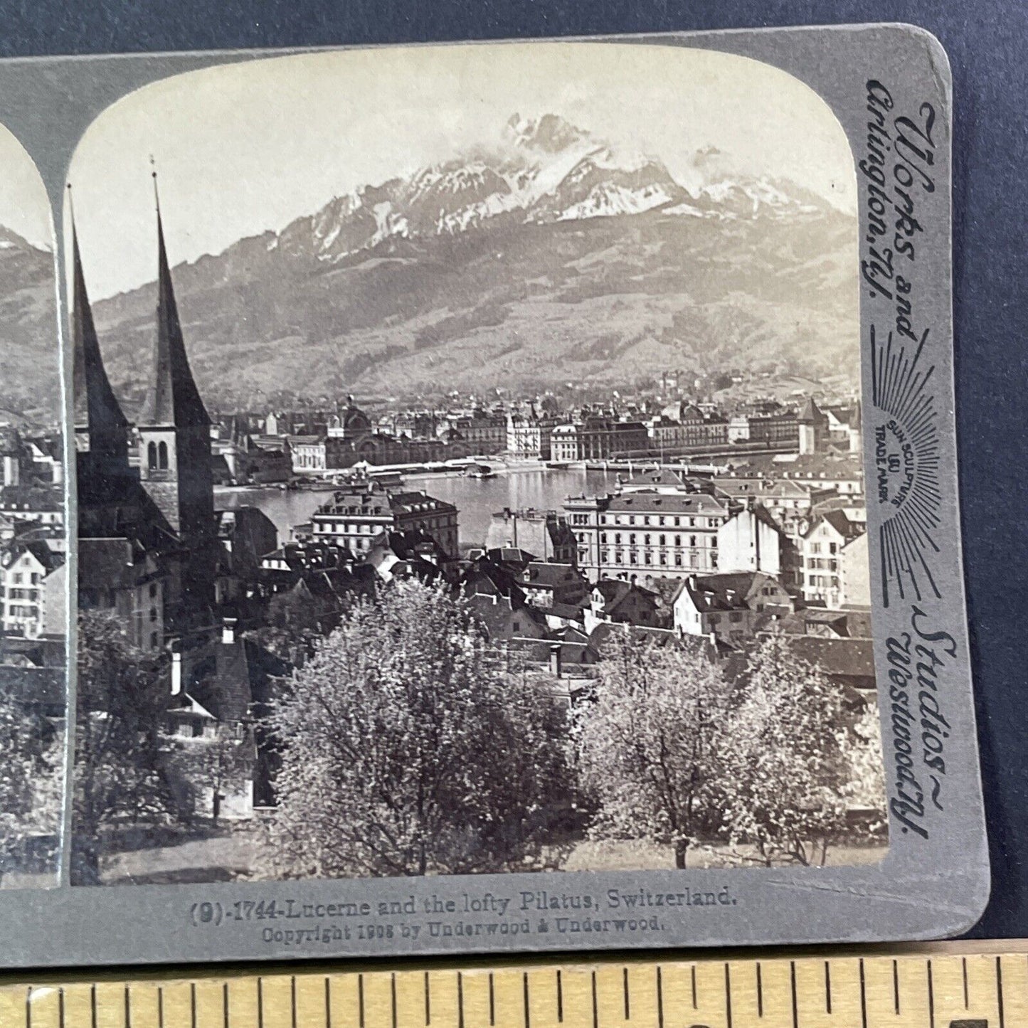 Lucerne Switzerland City View Stereoview Pilatus Mountain Antique c1902 Y495