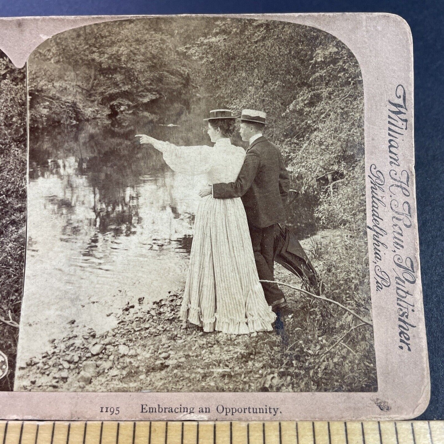 Antique 1897 Man Flirts With Woman At Pond Lake Stereoview Photo Card P3449